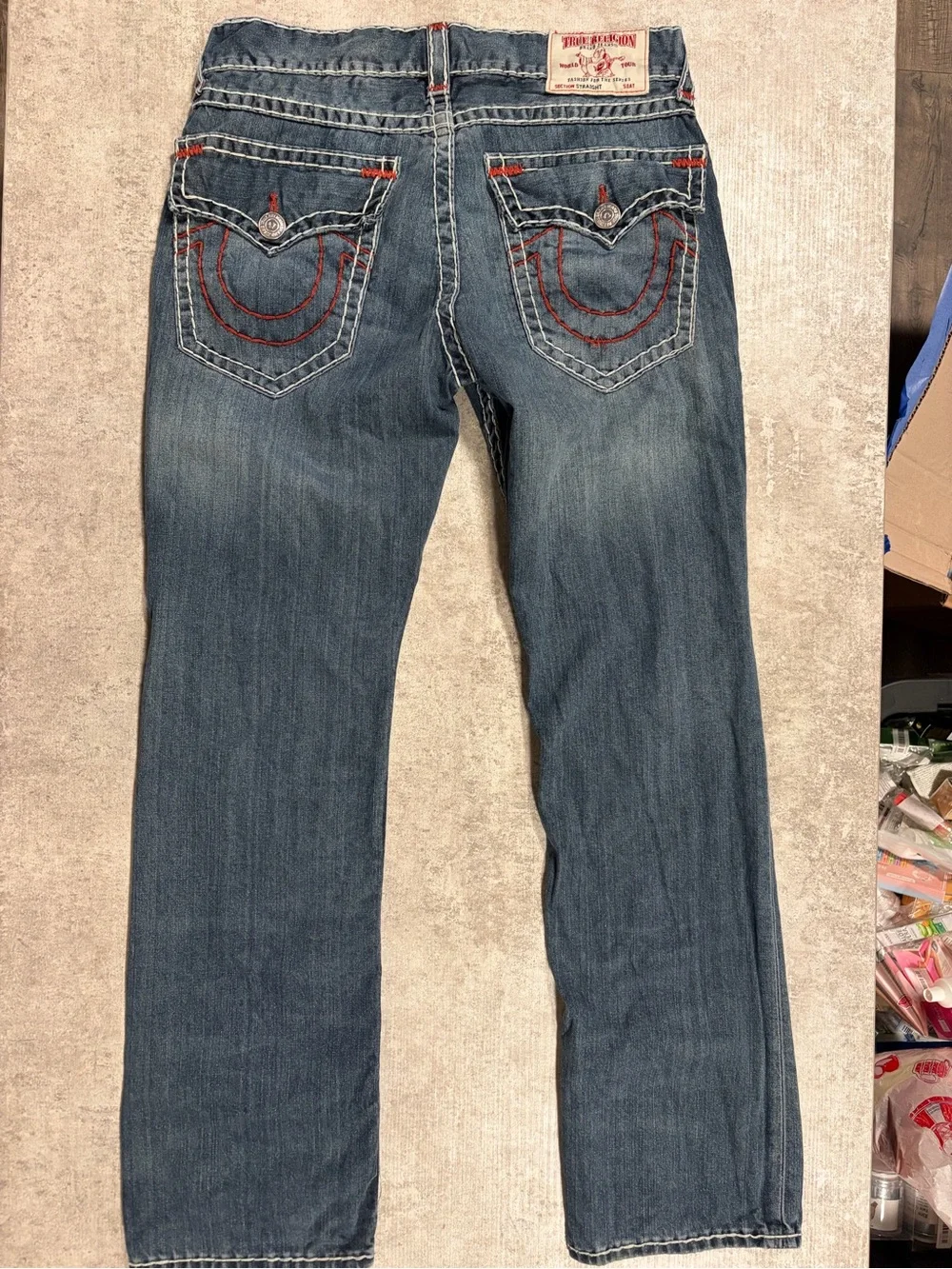 True Religion Men’s Medium Blue Straight Leg Jeans with Red Stitching